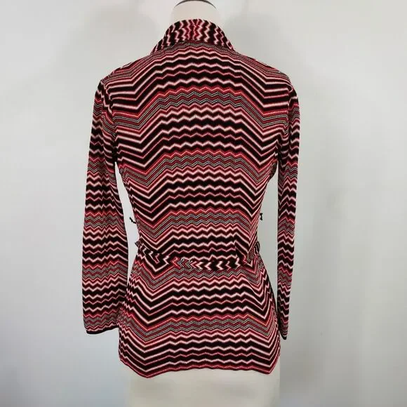 Anne Klein Chevron Cardigan Sweater size Small Open Front Tie Belt Red Black - Picture 6 of 11